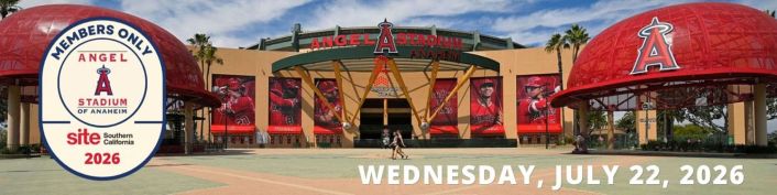 Event banner graphic for the SITE SoCal Members Only event on Wednesday, July 22, 2026 with front entrance view of Angel Stadium of Anaheim.