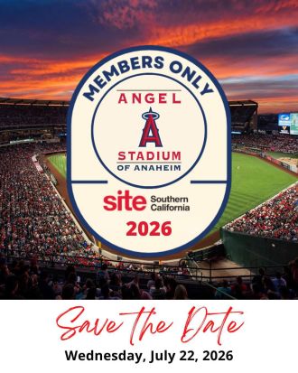 SITE Southern California and Angel Stadium Anaheim logos with text: "Members Only, July 22, 2026" on a white background.