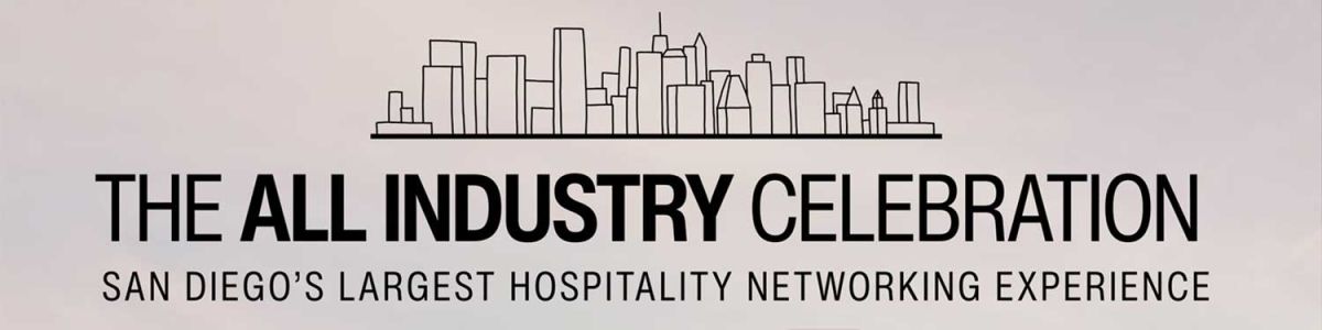 Black outline of a city skyline above the text "The All Industry Celebration: San Diego’s Largest Hospitality Networking Experience" on a light background.