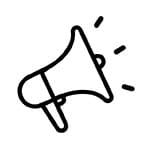 Black and white line drawing of a megaphone emitting sound waves.