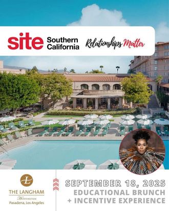 Promotional image for a SITE Southern California Educational Brunch + Incentive Experience at The Langham Pasadena, featuring an outdoor pool, event details, and a portrait of a woman. Event date: September 18, 2025.