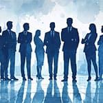 Silhouettes illustration of six business professionals in formal attire stand together against a city skyline backdrop.
